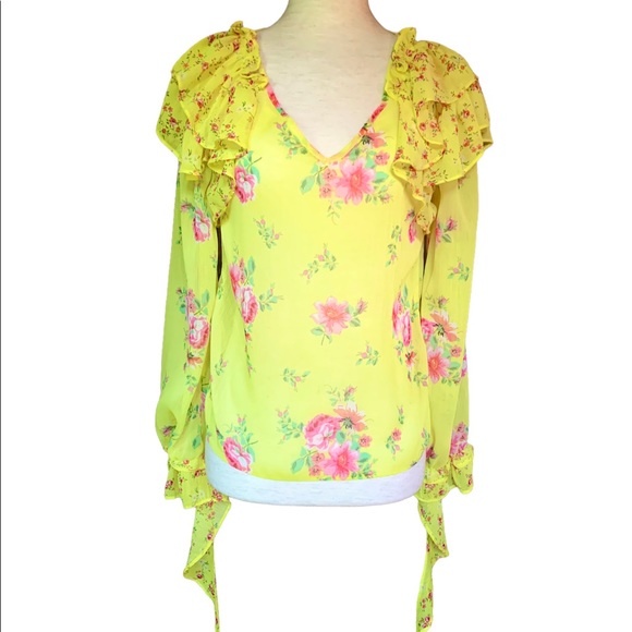 MISS SELFRIDGE LONDON YELLOW FLORAL TOP RUFFLES FLOUNCES CHIC SIZE SM like new - Picture 1 of 9